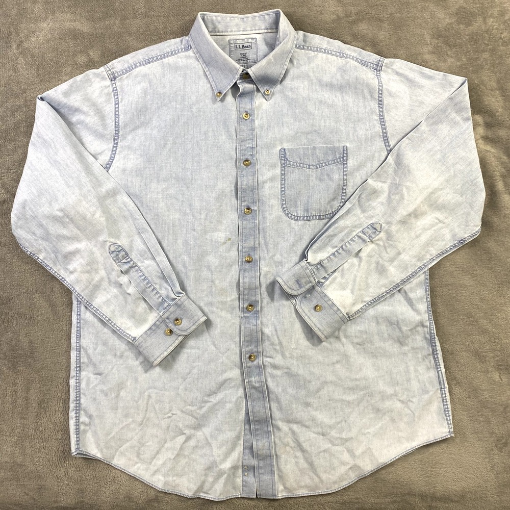 SOLD-VTG LL Bean Shirt Mens XL Regular Blue Denim Cotton‎ Dress Button Up 0HYQ2
